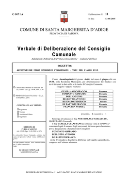 Verbale Di Deliberazione Del Consiglio Comunale Adunanza Ordinaria Di Prima Convocazione – Seduta Pubblica