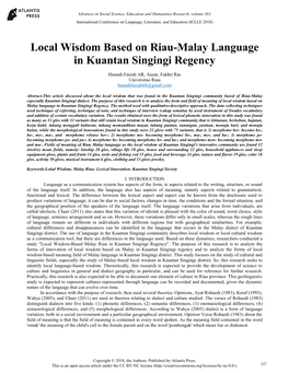 Local Wisdom Based on Riau-Malay Language in Kuantan Singingi Regency