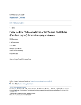 Fussy Feeders: Phyllosoma Larvae of the Western Rocklobster (Panulirus Cygnus) Demonstrate Prey Preference