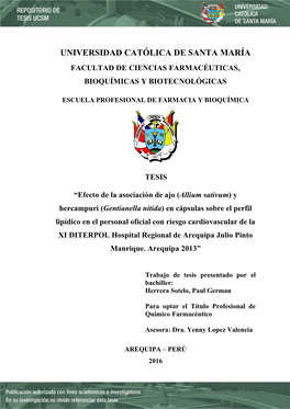 Universidad Católica De Santa María Facultad De Ciencias Farmacéuticas, Bioquímicas Y Biotecnológicas