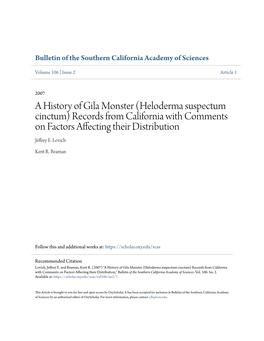 A History of Gila Monster (Heloderma Suspectum Cinctum) Records from California with Comments on Factors Affecting Their Distribution Jeffrey E