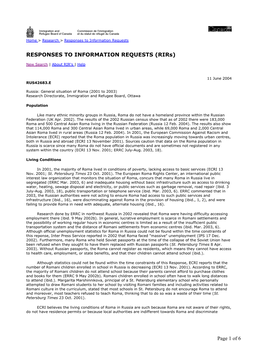 Russia: General Situation of Roma (2001 to 2003) Research Directorate, Immigration and Refugee Board, Ottawa