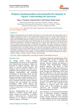 Religious Fundamentalism and Sustainable Development in Nigeria: Understanding the Intricacies