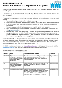 Seaford Head School: School Bus Services – 24 September 2020 Update