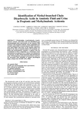 Identification of Methyl-Branched Chain Dicarboxylic Acids in Amniotic Fluid and Urine in Propionic and Methylmalonic Acidemia