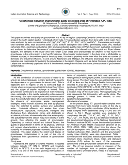 Geochemical Evaluation of Groundwater Quality in Selected Areas of Hyderabad, A.P., India G