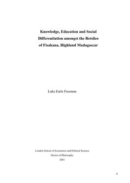Knowledge, Education and Social Differentiation Amongst the Betsileo of Fisakana, Highland Madagascar