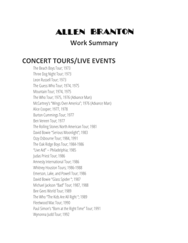 Work Summary CONCERT TOURS/LIVE EVENTS