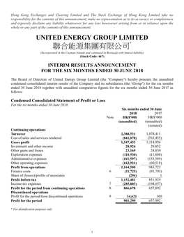 Interim Results Announcement for the Six Months Ended 30 June 2018