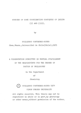 Studies of Some Coordination Complexes of Indium