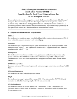 100-112 – 16 Specifications for Bond Paper Folders Without Tab for the Storage of Artifacts