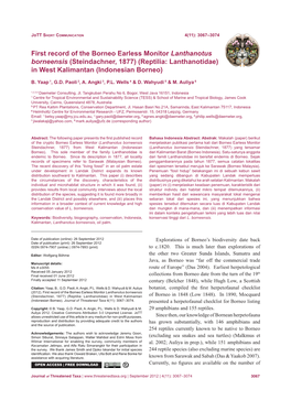 First Record of the Borneo Earless Monitor Lanthanotus Borneensis (Steindachner, 1877) (Reptilia: Lanthanotidae) in West Kalimantan (Indonesian Borneo)