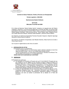 Acta Nº023 Miércoles 15 De Abril De 2009 1 Comisión De Salud