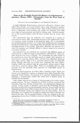 Notes 011 the Probable Partial Life-History of Galactosomum Spinetum (Brawn, 1901) (Trematoda) from the West Coast of Florida*