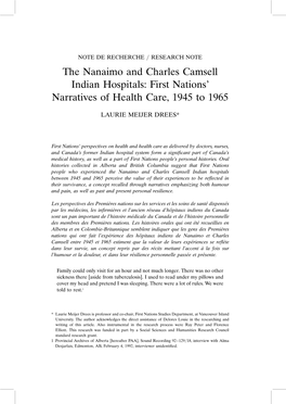 The Nanaimo and Charles Camsell Indian Hospitals: First Nations’ Narratives of Health Care, 1945 to 1965