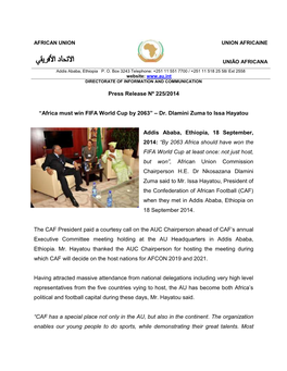 Press Release Nº 225/2014 “Africa Must Win FIFA World Cup by 2063