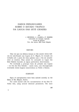 Dados Preliminares Sobre O Estado Trófico Da Lagoa Das Sete Cidades