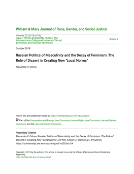 Russian Politics of Masculinity and the Decay of Feminism: the Role of Dissent in Creating New 