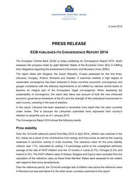 Ecb Publishes Its Convergence Report 2014