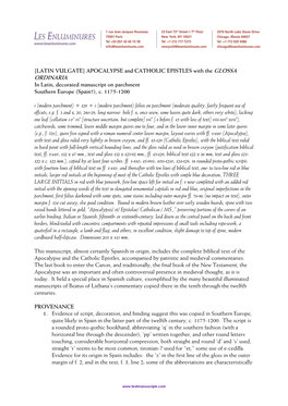 APOCALYPSE and CATHOLIC EPISTLES with the GLOSSA ORDINARIA in Latin, Decorated Manuscript on Parchment Southern Europe (Spain?), C