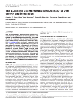 The European Bioinformatics Institute in 2016: Data Growth and Integration Charles E