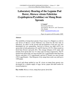 Laboratory Rearing of the Legume Pod Borer, Maruca Vitrata Fabricius (Lepidoptera:Pyralidae) on Mung Bean Sprouts