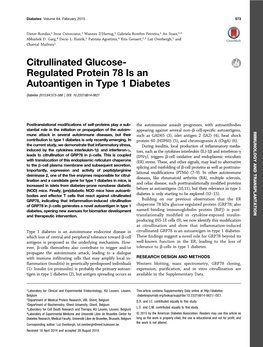 Citrullinated Glucose- Regulated Protein 78 Is an Autoantigen in Type 1 Diabetes