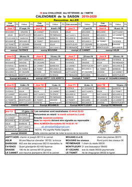 CALENDRIER De La SAISON 2019-2020