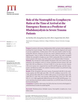 Role of the Neutrophil-To-Lymphocyte Ratio at the Time of Arrival at the Emergency Room As a Predictor of Rhabdomyolysis in Severe Trauma Patients