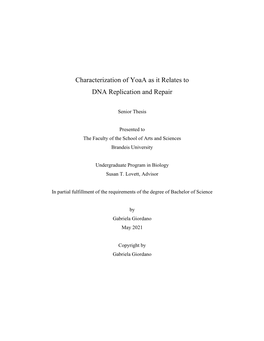 Characterization of Yoaa As It Relates to DNA Replication and Repair