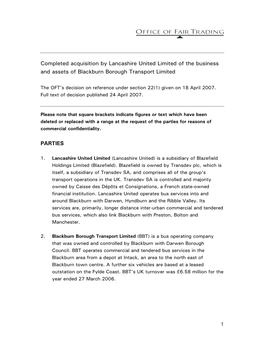 Completed Acquisition by Lancashire United Limited of the Business and Assets of Blackburn Borough Transport Limited