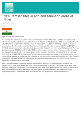 New Ramsar Sites in Arid and Semi-Arid Areas of Niger 13 October 2005