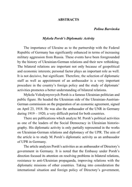 ABSTRACTS Polina Barvinska Mykola Porsh's Diplomatic Activity The