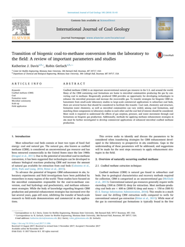 Transition of Biogenic Coal-To-Methane Conversion from the Laboratory to MARK the ﬁeld: a Review of Important Parameters and Studies ⁎ ⁎⁎ Katherine J