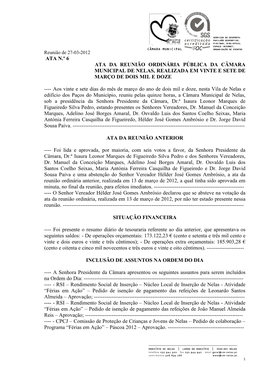 Ata N.º 6 Ata Da Reunião Ordinária Pública Da Câmara Municipal De Nelas, Realizada Em Vinte E Sete De Março De Dois Mil E Doze