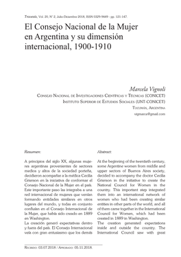 El Consejo Nacional De La Mujer En Argentina Y Su Dimensión Internacional, 1900-1910