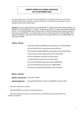 Compte-Rendu Du Conseil Municipal Du 19 Septembre 2018