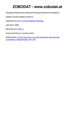 On the Taxonomy of Some Palaearctic Aleocharinae (Coleoptera: Staphylinidae) 181-184 © Biologiezentrum Linz/Austria; Download Unter