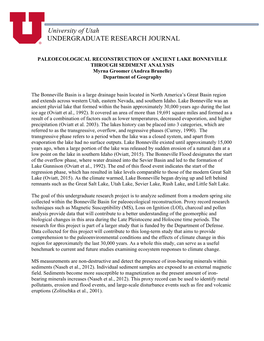 PALEOECOLOGICAL RECONSTRUCTION of ANCIENT LAKE BONNEVILLE THROUGH SEDIMENT ANALYSIS Myrna Groomer (Andrea Brunelle) Department of Geography