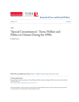 "Special Circumstances": Teens, Welfare and Politics in Ontario During the 1990S R