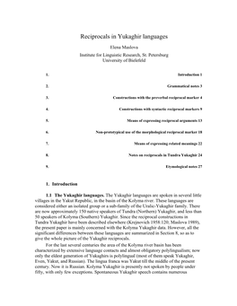 Reciprocals in Yukaghir Languages