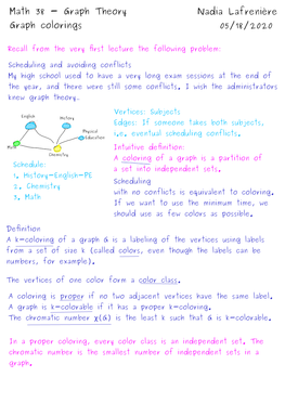 Math 38 - Graph Theory Nadia Lafrenière Graph Colorings 05/18/2020