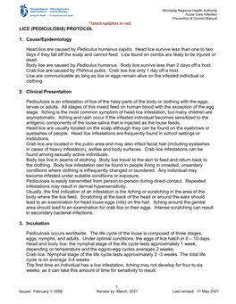 (PEDICULOSIS) PROTOCOL 1. Cause/Epidemiology Head Lice Are