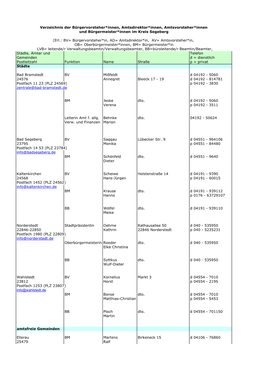 Städte, Ämter Und Telefon Gemeinden D = Dienstlich Postleitzahl Funktion Name Straße P = Privat Städte