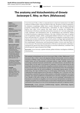 The Anatomy and Histochemistry of Grewia Lasiocarpa E. Mey. Ex Harv. (Malvaceae)