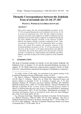 Thematic Correspondences Between the Zedekiah Texts of Jeremiah (Jer 21–24; 37–38) 1