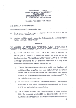 Government of India Department of Atomic Energy Rajya Sabha Unstarred Question No.2298 to Be Answered on 31.07.2014