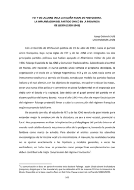 Fet Y De Las Jons En La Cataluña Rural De Postguerra. La Implantación Del Partido Único En La Provincia De Lleida (1938‐1945)