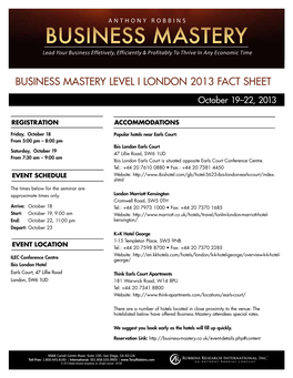 Business Mastery Level I London 2013 Fact Sheet