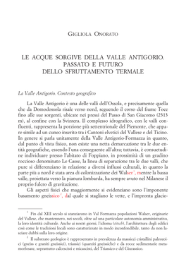 Le Acque Sorgive Della Valle Antigorio. Passato E Futuro Dello Sfruttamento Termale